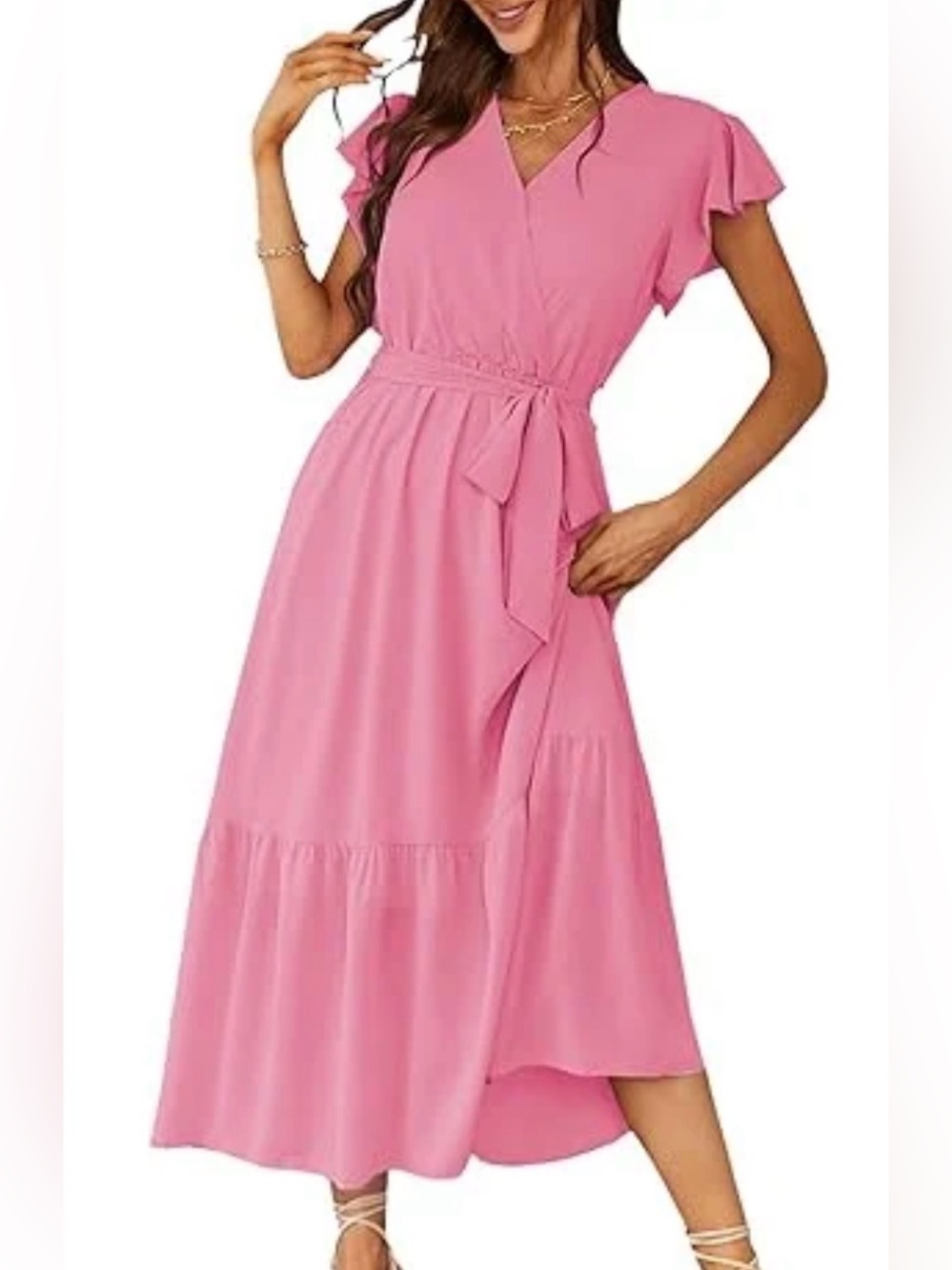 Prettygarden pink boho flowy Maxi wrap dress V Neck short Ruffle sleeve NWT SM